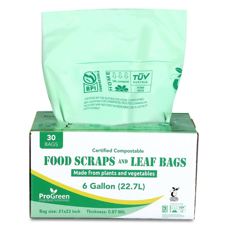 ProGreen Compostable Trash Bags, Extra Thick, Compost Kitchen Bin Bags, Food Scraps Yard Waste Bags, ASTM D6400 BPI and TÃœV AUSTRIA Certified (6 Gallon, Pack of 30) - Image 1